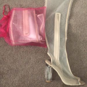 Thigh high mesh boots glass chunky heel